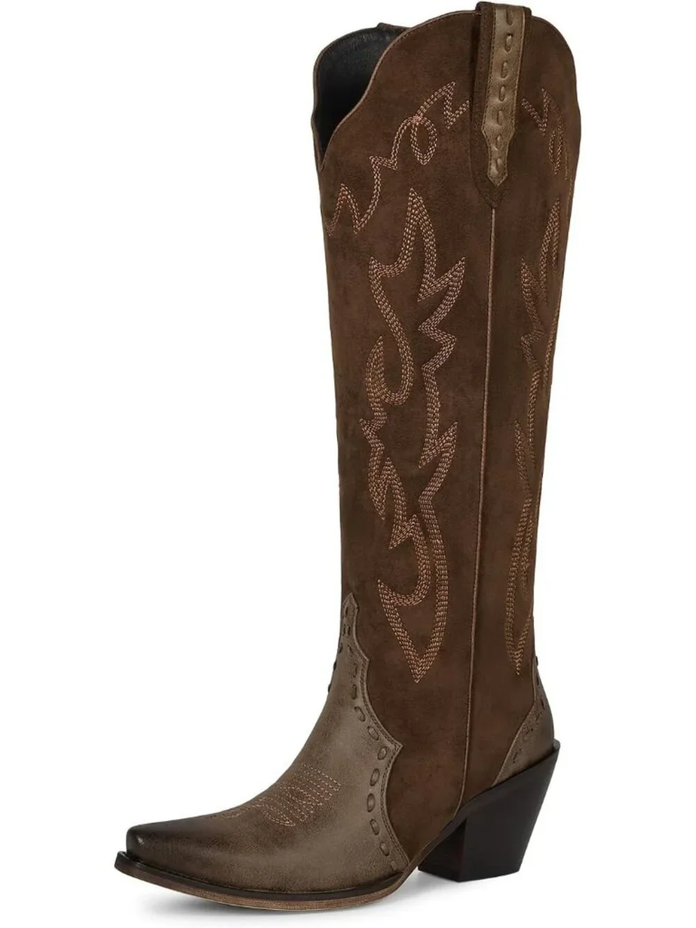 🆕Women's Brown Knee High Flame Embroidered Snip Toe Zipper Chunky Heel